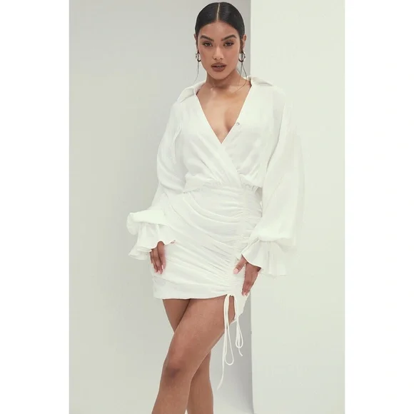 house of cb white shirt dress House of CB ITS A WRAP MISTRESSROCKS WHITE DRAPED SHIRT DRESS